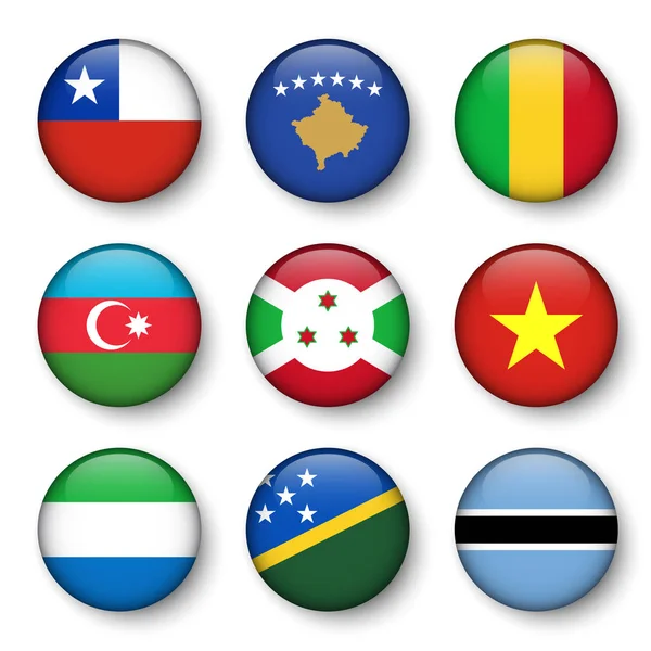 Ensemble de drapeaux du monde insignes ronds (Chili. Kosovo. Mali. Azerbaïdjan. Burundi. Vietnam. Sierra Leone. Îles Salomon. Botswana  ) — Image vectorielle