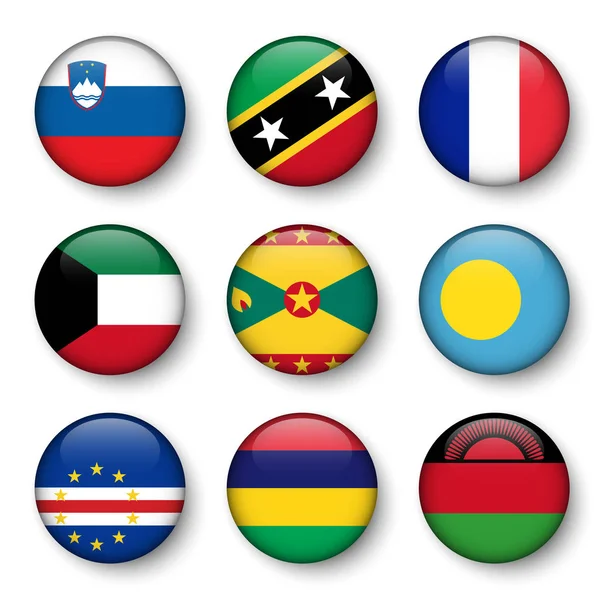 Zestaw światowych flag okrągłych plakietek (Słowenia. Saint Kitts i Nevis. Francja. Kuwejt. Grenada. Palau. Republika Zielonego Przylądka. Mauritius. Malawi ) — Wektor stockowy
