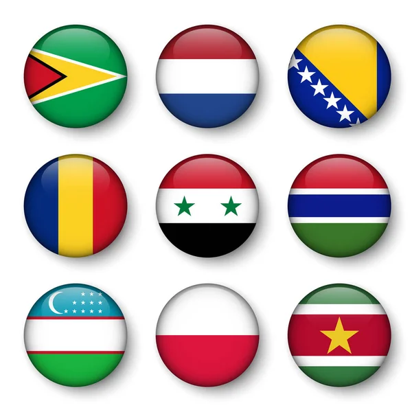 Serie di bandiere mondiali stemmi rotondi (Guyana. Paesi Bassi. Bosnia-Erzegovina. Romania. Siria. Gambia. Uzbekistan. Polonia. Suriname  ) — Vettoriale Stock