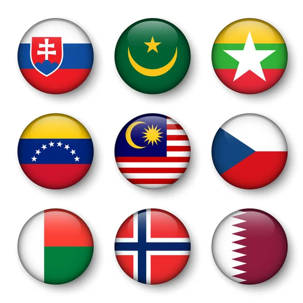 Set of world flags round badges ( Slovakia . Mauritania . Myanmar . Venezuela . Malaysia . Czech . Madagascar . Norway . Qatar ) — Stock Vector