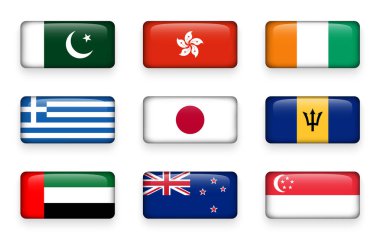 Dünya bayrakları dikdörtgen düğmeleri kümesi ( Pakistan . Hong Kong' da. Fildişi Sahili. Yunanistan. Japonya. Barbados. Uçan. Yeni Zelanda. Singapur )