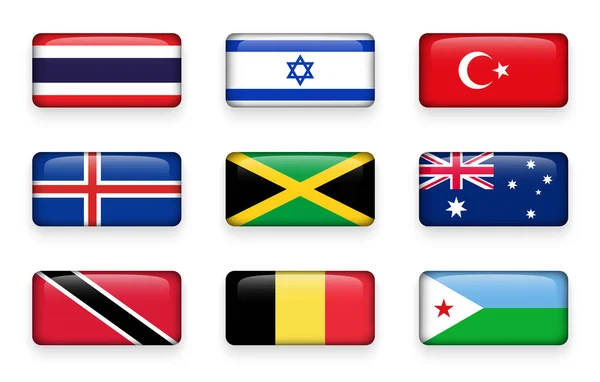 Satz von Rechteckknöpfen mit Weltflaggen (Thailand). Das ist nicht der Fall. Truthahn. Island. Jamaica. Australien. Trinidad und Tobago. Belgien. Dschibuti ) — Stockvektor