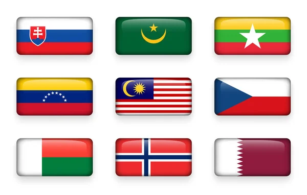 Ensemble de boutons rectangle des drapeaux du monde (Slovaquie. Mauritanie. Myanmar. Le Venezuela. La Malaisie. Tchèque. Madagascar. Norvège. Qatar  ) — Image vectorielle