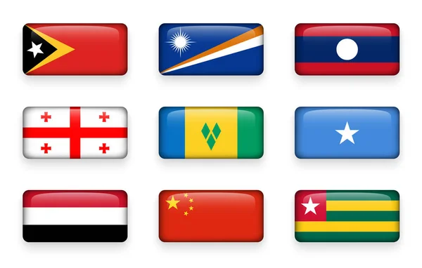 Sada světových tlačítek s obdélníkovou vlajkou (Východní Timor Marshallovy ostrovy Laos. Gruzie. Svatý Vincenc a Grenadiny. Somálsko. Jemen. Čína. Togo ) — Stockový vektor