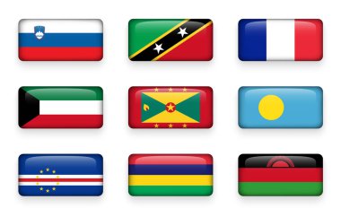 Dünya bayrakları dikdörtgen düğmeleri kümesi ( Slovenya . Aziz Kitts ve Nevis. Fransa. Kuveyt. Grenada. Palau. Yeşil Burun Verde. Mauritius. Malavi )