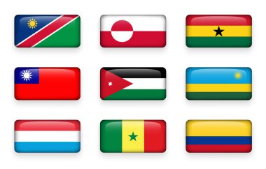 Dünya bayrakları dikdörtgen düğmeleri kümesi ( Namibya . Grönland. Gana. Tayvan. Ürdün. Ruanda. Lüksemburg. Senegal. Kolombiya )