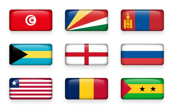 Set de butoane dreptunghiulare steaguri mondiale (Tunisia. Seychelles . Mongolia . Bahamas . Anglia. Rusia. Liberia . Chad . Sao Tome și Principe  ) — Vector de stoc