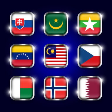 Çelik sınır ve pırıltı ile dünya bayrakları dörtgen cam düğmeleri seti ( Slovakya . Moritanya. Myanmar. Venezuela. Malezya. Çekçe. Madagaskar. Norveç. Katar )