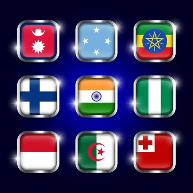 Çelik sınır ve pırıltı ile dünya bayrakları dörtgen cam düğmeleri seti ( Nepal . Mikronezya. Etiyopya. Finlandiya. Hindistan. Nijerya. Monaco. Cezayir. Tonga )