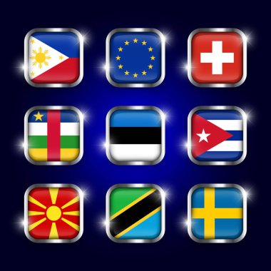 Çelik sınır ve pırıltı ile dünya bayrağı dörtgen cam düğme seti (Filipinler . Avrupa Birliği (Avrupa Birliği) . İsviçre. Orta Afrika Cumhuriyeti. Estonya. Küba. Makedonya. Tanzanya. İsveç )