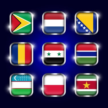 Çelik sınır ve pırıltı ile dünya bayrakları dörtgen cam düğmeleri seti ( Guyana . Hollanda. Bosna Hersek. Romanya. Suriye. Gambiya. Özbekistan. Polonya. Surinam )