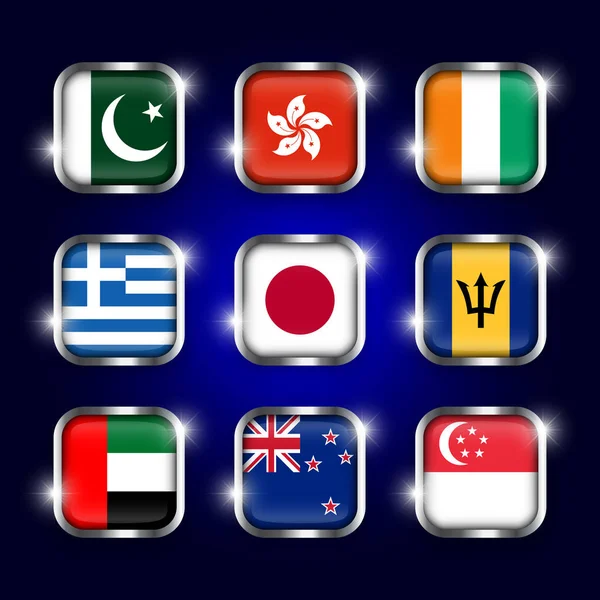 Set van wereld vlaggen vierhoekige glas knoppen met stalen rand en Twinkle (Pakistan. Hongkong. Ivoorkust. Griekenland. Japan. Barbados. Uae. Nieuw-Zeeland. Singapore ) — Stockvector