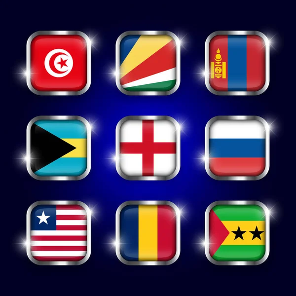 一套世界旗帜四边形玻璃按钮与钢边框和闪烁（突尼斯）。塞舌尔。蒙古。巴哈马。英国。俄罗斯。利比里亚。乍得。圣多美和普林西比 ) — 图库矢量图片