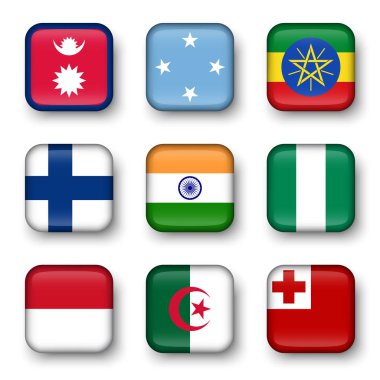 Dünya bayrakları dörtgen rozetleri seti ( Nepal . Mikronezya. Etiyopya. Finlandiya. Hindistan. Nijerya. Monaco. Cezayir. Tonga )