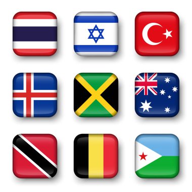 Dünya bayrakları dörtgen rozetleri Seti ( Tayland . İsrail. Türkiye. İzlanda. Jamaika. Avustralya. Trinidad ve Tobago. Belçika. Cibuti )