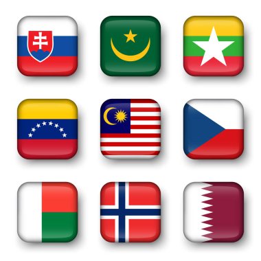 Dünya bayrakları dörtgen rozetleri seti ( Slovakya . Moritanya. Myanmar. Venezuela. Malezya. Çekçe. Madagaskar. Norveç. Katar )