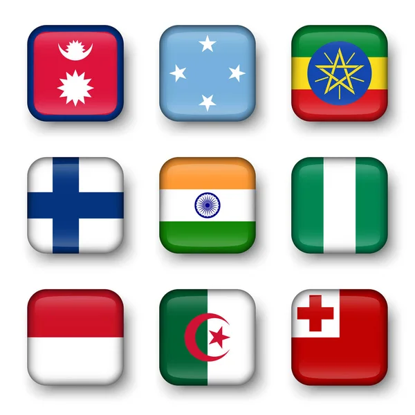 世界の旗四角形のバッジのセット (ネパール .ミクロネシア。エチオピア。フィンランド。インド。ナイジェリア。モナコ。アルジェリア。トンガ ) — ストックベクタ