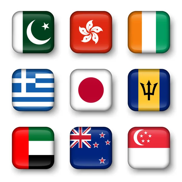 世界の旗四角形のバッジのセット (パキスタン .香港。コートジボワール。ギリシャ。日本。バルバドス。アラブ 首長 国 連邦。ニュージーランド。シンガポール ) — ストックベクタ