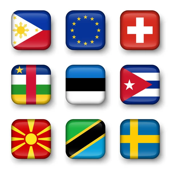 Conjunto de insignias cuadrangulares de banderas del mundo (Filipinas. Unión Europea (UE). Suiza. República Centroafricana. Estonia. Cuba. Macedonia. Tanzania. Países Bajos  ) — Archivo Imágenes Vectoriales