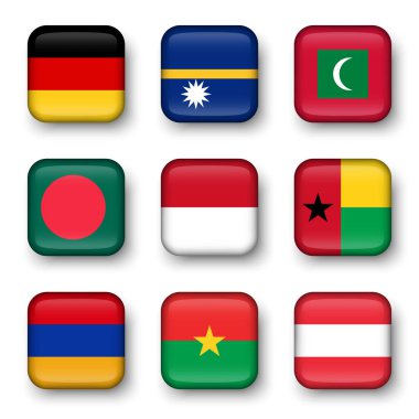 Dünya bayrakları dörtgen rozetleri seti ( Almanya . Nauru. Maldivler. Bangladeş. Endonezya. Gine-Bissau. Ermenistan. Burkina Faso. Avusturya )