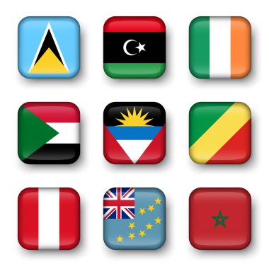 Dünya bayrakları dörtgen rozetleri seti ( Saint Lucia . Libya. İrlanda. Sudan. Antigua ve Barbuda. Kongo Cumhuriyeti. Peru. Tuvalu. Fas )
