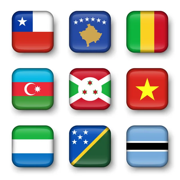 Conjunto de insignias cuadrangulares banderas del mundo (Chile. Kosovo. Malí. Azerbaiyán. Burundi. Vietnam. Sierra Leona. Islas Salomón. Botswana  ) — Vector de stock