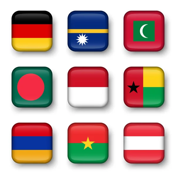 세계 국기 의 집합 사각 배지 (독일 . 나우루. 몰디브. 방글라데시. 인도네시아. 기니 비사우. 아르메니아. 부르키나파소. 오스트리아 ) — 스톡 벡터