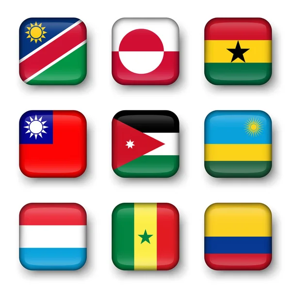 Ensemble de drapeaux du monde insignes quadrangulaires (Namibie. Groenland. Ghana. Taiwan. Jordan. Le Rwanda. Luxembourg. Sénégal. Colombie  ) — Image vectorielle