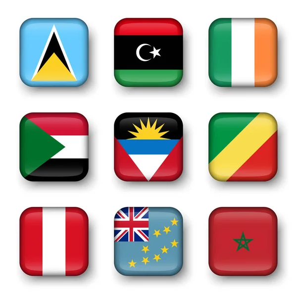 Set van wereld vlaggen vierhoekige badges (Saint Lucia. Libië. Ierland. Soedan. Antigua en Barbuda. Republiek Congo. Peru. Tuvalu. Marokko ) — Stockvector