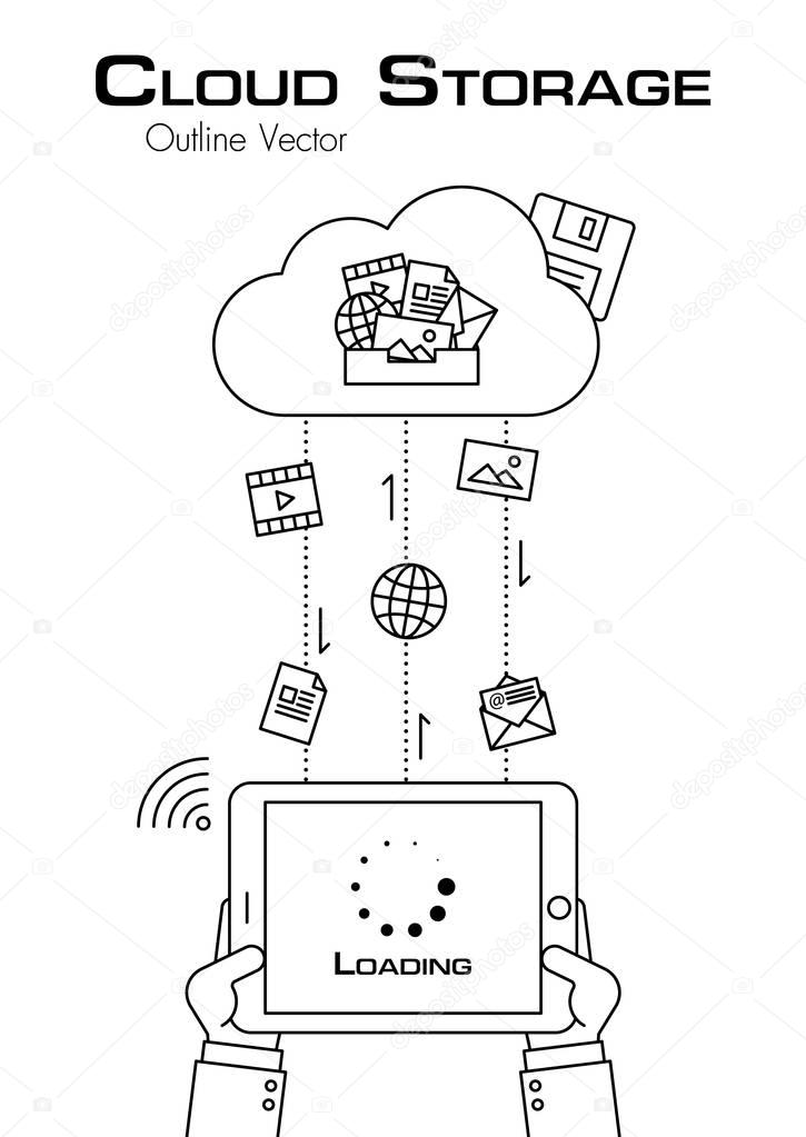 Cloud Storage . Person use tablet to download more file from cloud server . outline style . flat design .