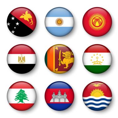 Dünya bayrakları yuvarlak rozetleri Seti ( Papua Yeni Gine . Arjantin. Kırgızistan. Mısır. Sri Lanka. Tacikistan. Lübnan. Kamboçya. Kiribati )