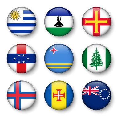 Dünya bayrakları yuvarlak rozetleri Seti ( Uruguay . Lesotho. Guernsey. Hollanda Antilleri . Aruba. Norfolk Adası. Faroe Adaları. Madeira. Cook Adaları )