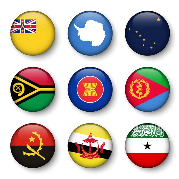 Uppsättning av världs flaggor runda emblem (Niue. Antarktis. Alaska. Vanuatu. Asean. Eritrea. Angola. Brunei Darussalam. Somaliland ) — Stock vektor