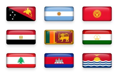 Koymak-in dünya bayrakları dikdörtgen düğme (Papua Yeni Gine. Arjantin. Kırgızistan. Mısır. Sri Lanka. Tacikistan. Lübnan. Kamboçya. Kiribati )
