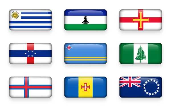 Set von Rechteck-Buttons mit Weltflaggen (uruguay. lesotho. Guernsey. Niederländische Antillen. aruba. Norfolk Island. Färöer. Madeira. Kochinseln ) — Stockvektor