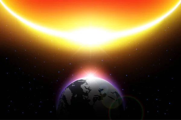 El sol se acerca a la tierra en el sistema solar. Concepto global cálido y del Juicio Final. Vector  . — Vector de stock