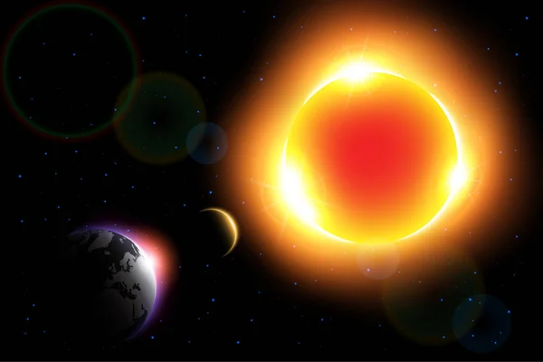 Eclipse solaire (vecteur). Lune se déplacer autour du monde et cacher la lumière du soleil  . — Image vectorielle