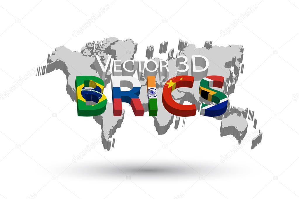 BRICS and 3D world map . Association of 5 countries ( brazil . russia . india . china . south africa )