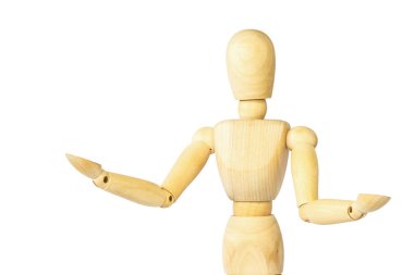 Ahşap kukla (bir şeyler açıklamaya) her iki kolunu göster. İzole