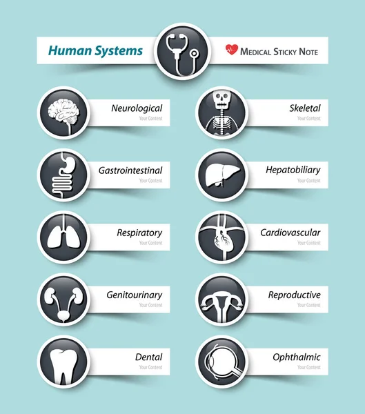 Menschliche Systeme. Medizinisches Symbol und Haftnotiz . — Stockvektor