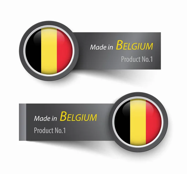 Ícone de bandeira e rótulo com texto feito na Bélgica  . — Vetor de Stock