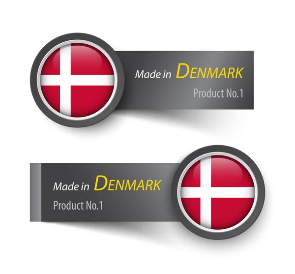 Bandiera icona ed etichetta con testo realizzato in Danimarca  . — Vettoriale Stock