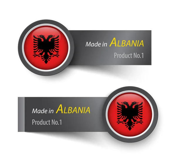 Tandai ikon dan label dengan teks yang dibuat di Albania - Stok Vektor