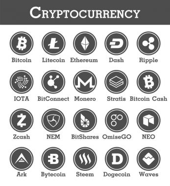 Cryptocurrency simge kümesi. Siyah ve beyaz tasarım. Vektör
