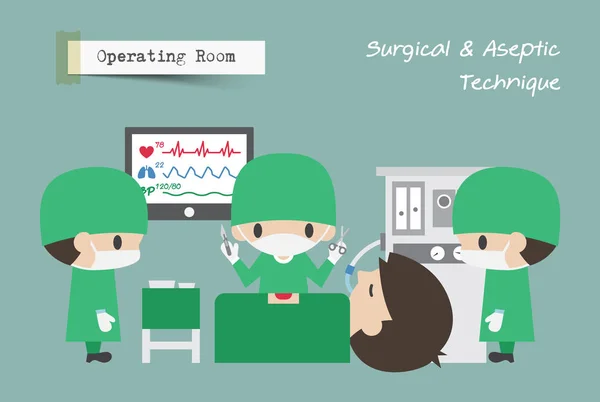 Operationssaal (oder). Chirurg, Assistent und Anästhesist operieren den Patienten. Vektor — Stockvektor