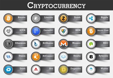Cryptocurrency simge ve etiket değeri kümesi. Vektör