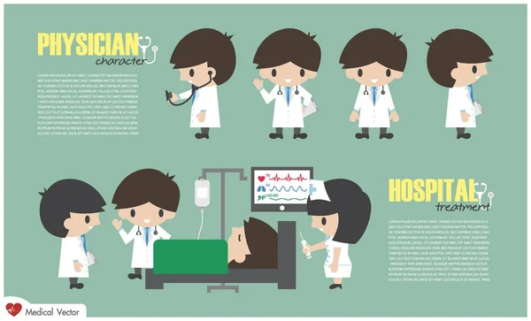 Médico personagem de desenhos animados e departamento de internação no hospital. Vector. Projeto plano — Vetor de Stock