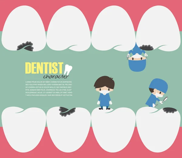 Zubaři změnami zuby a hledáte zubní kaz. Vektor. Plochý design — Stockový vektor