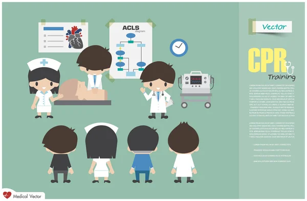 Treinamento de RCP. A equipe médica está ensinando sobre ressuscitação cardiopulmonar no hospital. Vector. Projeto plano — Vetor de Stock