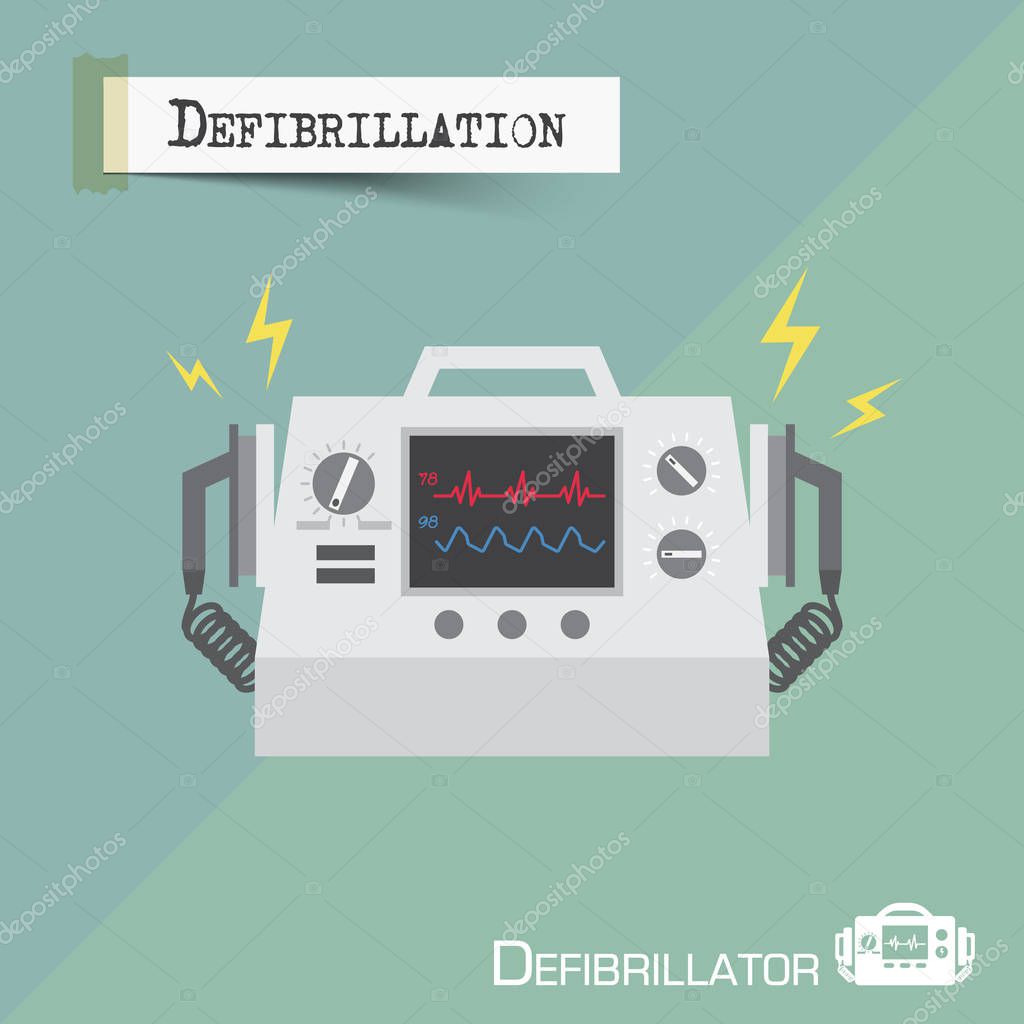 Defibrillator machine . Flat design . Vector